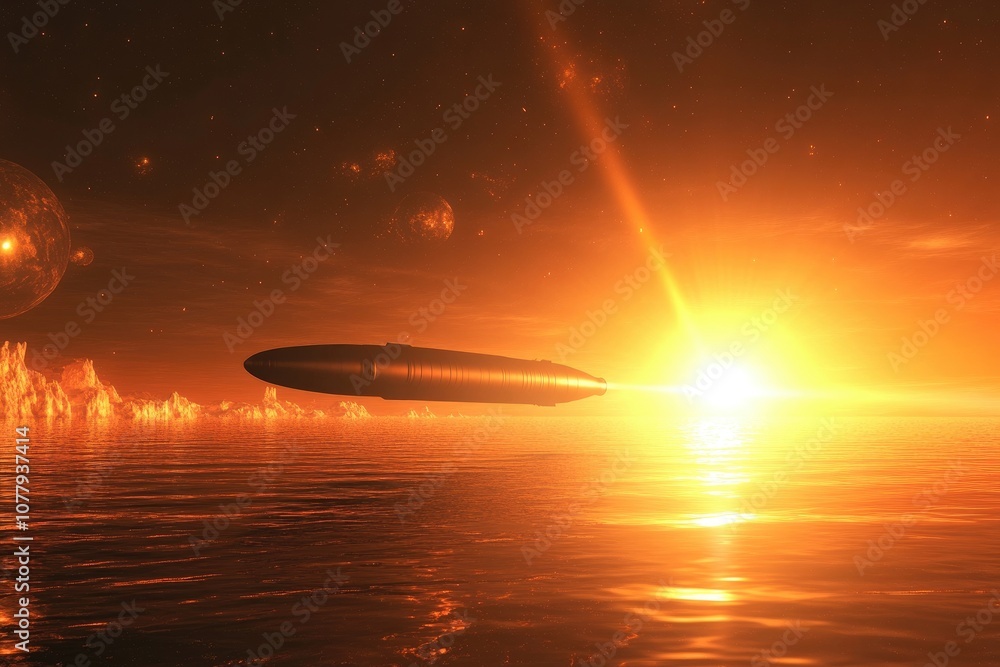A lone spaceship flying over a water body on an alien planet with a bright sun in the background A lone spaceship flying over a water body on an alien planet with a bright sun in the background