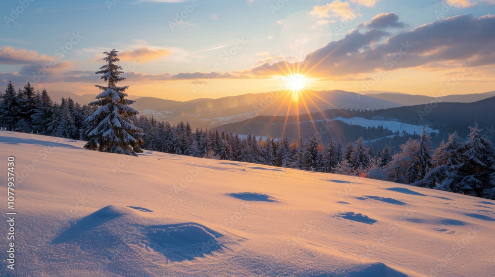The sun rising over a wintery mountain landscape, the snow illuminated by the soft morning light, creating a peaceful and serene view. The sun rising over a wintery mountain landscape, the snow illuminated by the soft morning light, creating a peaceful and serene view.
