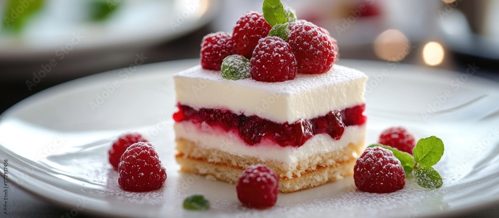 A single slice of white cake with raspberries and powdered sugar, on a white plate with additional raspberries and mint leaves.