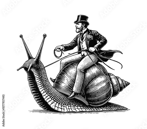 gentleman riding giant snail engraving black and white outline