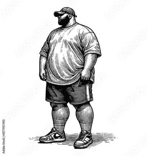 fat man cap tshirt engraving black and white outline