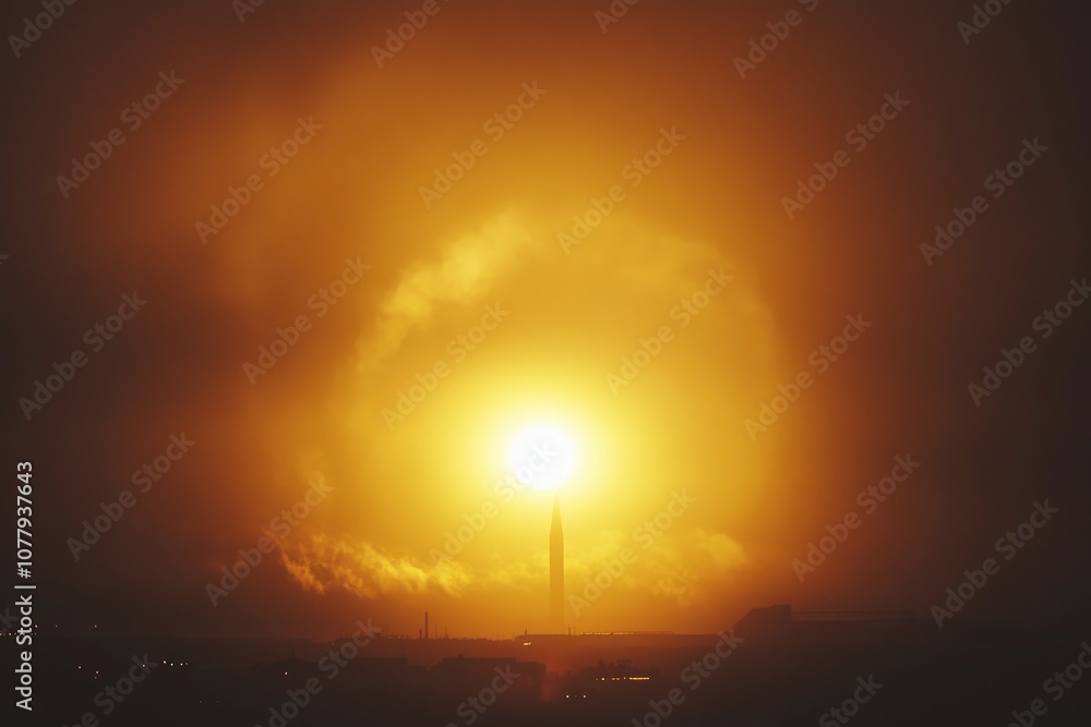 Fototapeta premium Silhouetted Missile Launching Against a Dramatic Sunset
