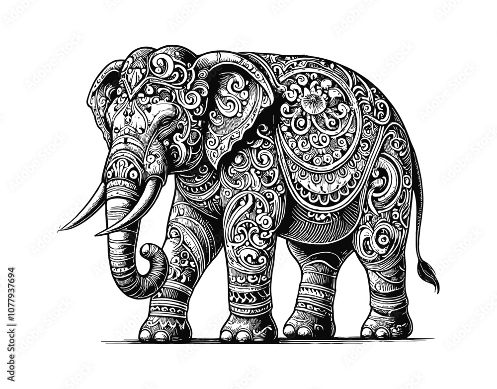 Obraz premium elephant tattoo engraving black and white outline