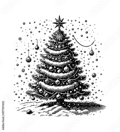 Christmas tree engraving black and white outline
