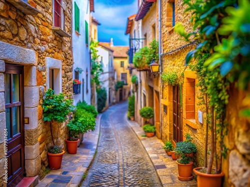 Charming Narrow Street in Tossa de Mar: A Tilt-Shift Perspective of Ancient Stone Walls and Cobblestone Pathways in an Old Village Setting