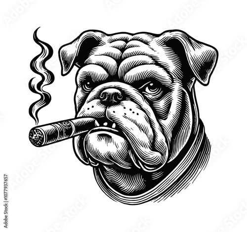 bulldog with a cigar in its mouth engraving black and white outline