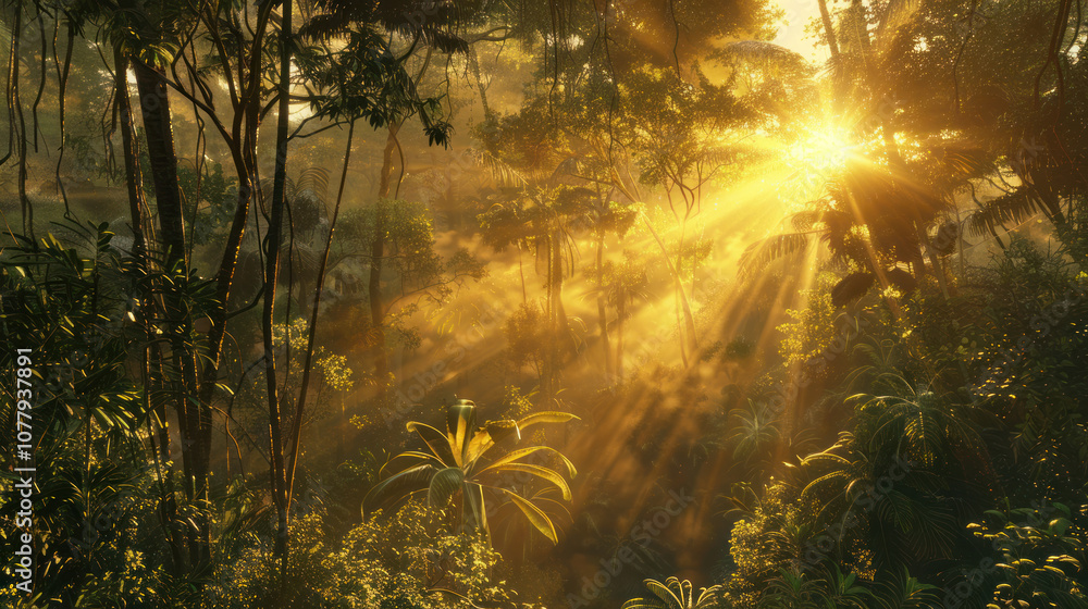 The sun rising through the trees in a dense forest, casting golden rays and soft light across the lush greenery. The sun rising through the trees in a dense forest, casting golden rays and soft light across the lush greenery.