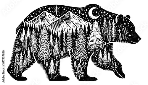 bear silhouette forest tree engraving black and white outline