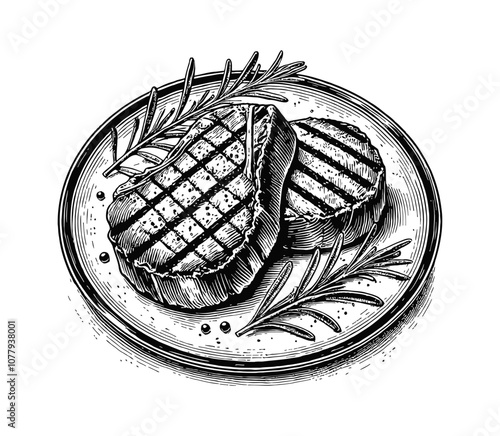 grilled meat steak on plate engraving black and white outline