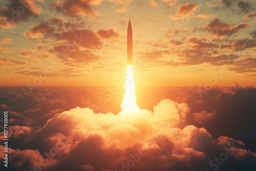 Missile Launch Through Clouds at Sunset photo