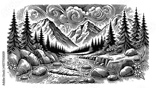 mountain landscape river tree engraving black and white outline