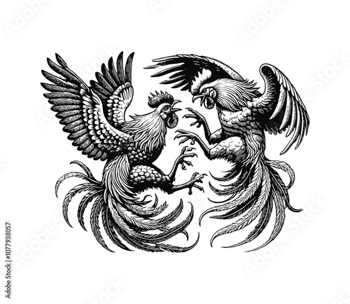 two roosters in a fight engraving black and white outline
