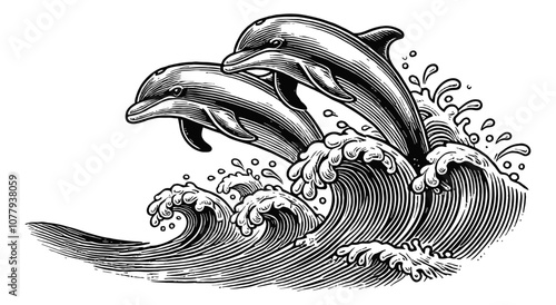 two dolphins leaping from ocean wave engraving black and white outline