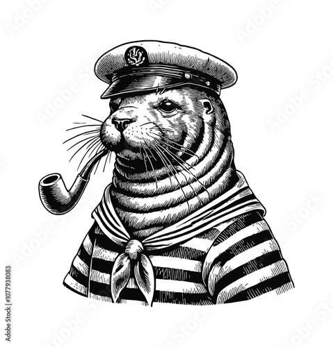 seal with sailor costume and smoking pipe engraving black and white outline