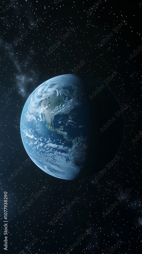 Naklejka premium 3D planet earth in space universe with shiny star dark blue technology science background with copy space. astronomy starry sky shimmering glow wallpaper