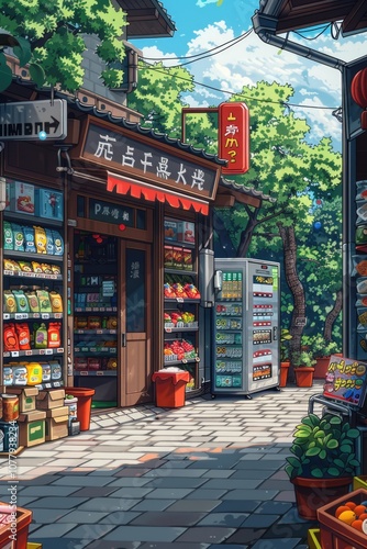 This image depicts a charming street scene in a traditional Japanese town. A small shop, overflowing with fresh fruits and vegetables, stands on the corner. The shop's facade is adorned with hanging p