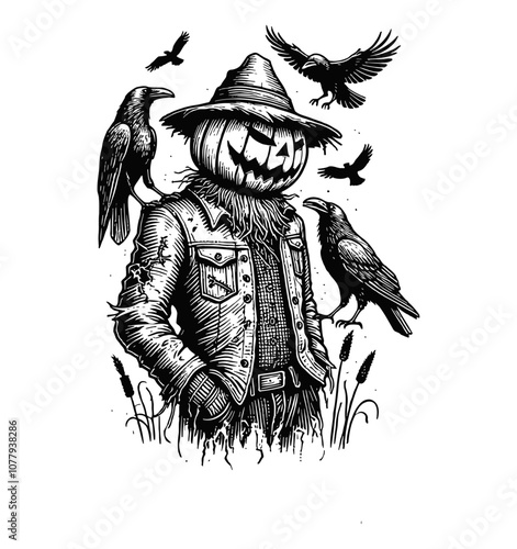 scarecrow ghost pumpkin head crow bird engraving black and white outline
