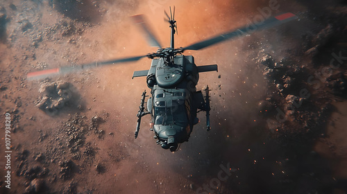 Military Helicopter Flying Through Dust Cloud 3D Illustration photo