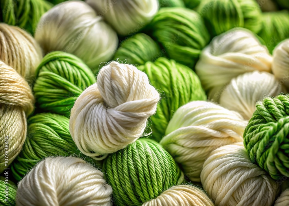 Close-Up Long Exposure of Bright White and Green Wool Yarn Skeins for Cozy Winter Needlework, Highlighting the Art of Crocheting and Knitting as a Relaxing Hobby Close-Up Long Exposure of Bright White and Green Wool Yarn Skeins for Cozy Winter Needlework, Highlighting the Art of Crocheting and Knitting as a Relaxing Hobby