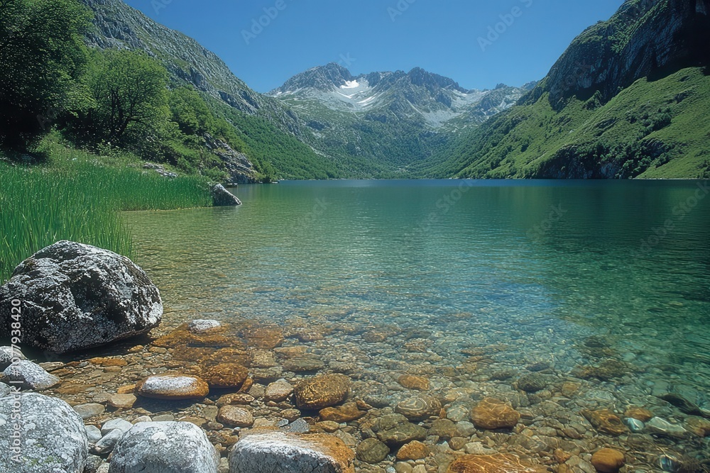 Fototapeta premium serene shoreline of a crystalclear mountain lake with smooth rocks and lush greenery encapsulating natures tranquility