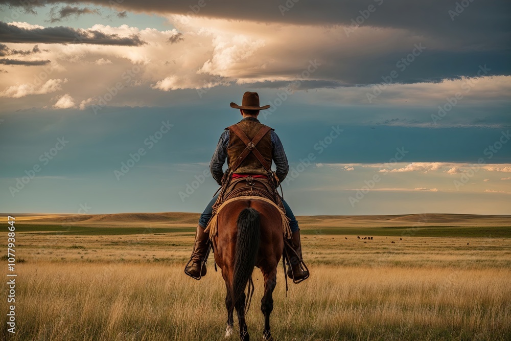 Majestic Horseman Riding Through Vast Prairie Landscape on an Epic Adventure Majestic Horseman Riding Through Vast Prairie Landscape on an Epic Adventure
