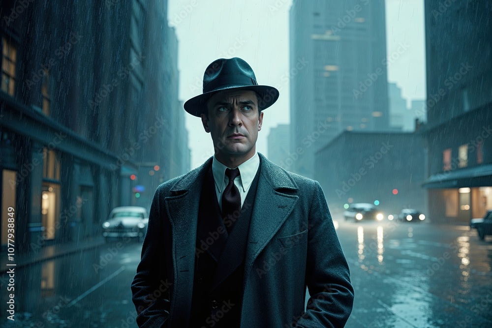 1940s Urban Noir Detective Mystery in a Rainy Cityscape 1940s Urban Noir Detective Mystery in a Rainy Cityscape