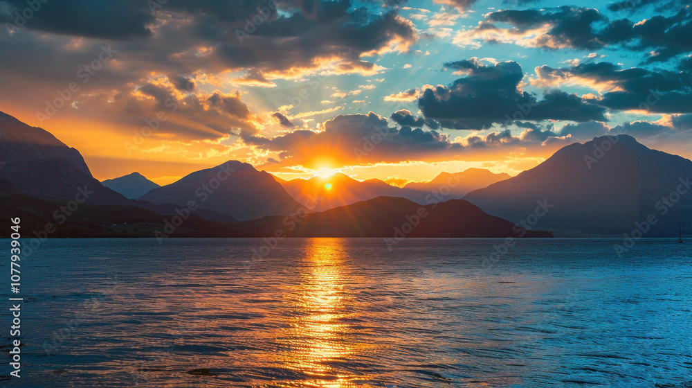 Fototapeta premium The sun setting behind distant mountains, creating a picturesque scene ideal for capturing dramatic light and shadow.
