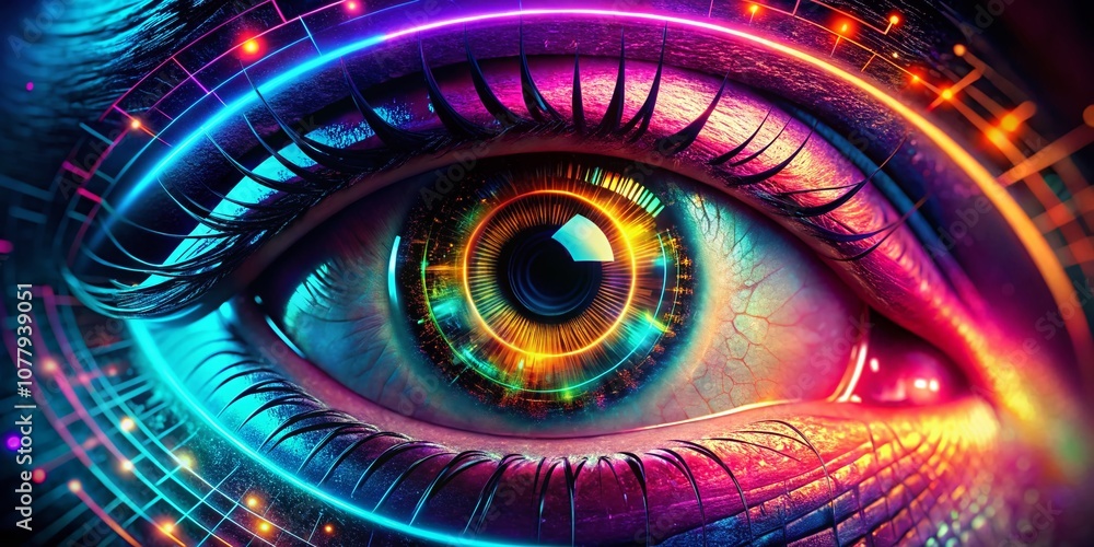 Close-up of a Futuristic Eye with Neon Elements, Emphasizing Technology and Digital Enhancement in Vibrant Colors, Perfect for Illustrating Modern Innovation and Cybernetic Advances Close-up of a Futuristic Eye with Neon Elements, Emphasizing Technology and Digital Enhancement in Vibrant Colors, Perfect for Illustrating Modern Innovation and Cybernetic Advances