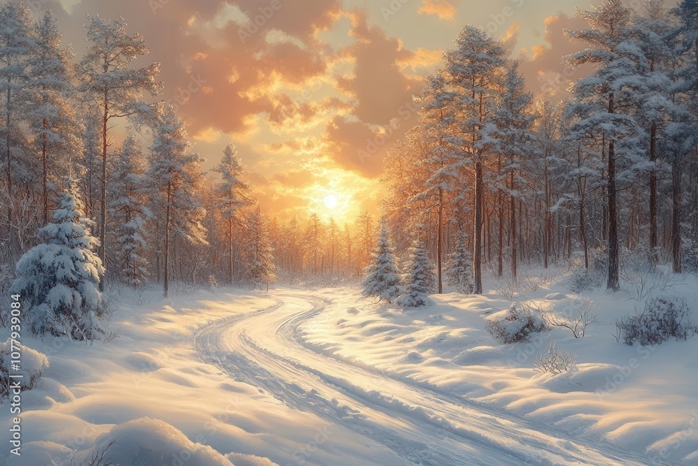 Obraz premium serene winter landscape enveloped in soft golden light as snow blankets the ground creating a peaceful and magical atmosphere that glows with tranquility and beauty