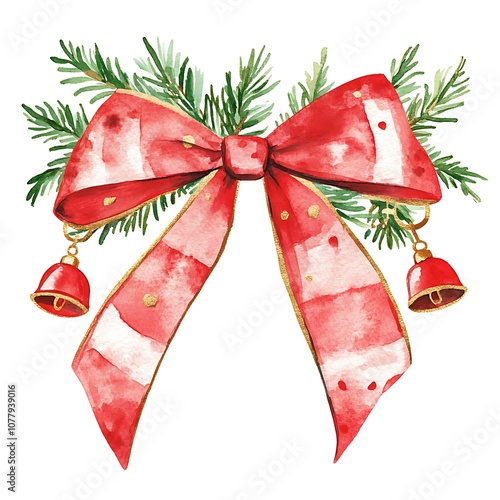 Adorn your holiday decor with a beautiful red ribbon and evergreen bow for a festive touch photo