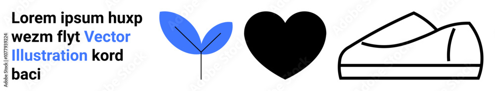 Abstract elements including a blue leaf, black heart, and a simple shoe drawing accompanied by placeholder text. Ideal for modern design, minimalism, abstract art, branding, fashion, eco-friendly Abstract elements including a blue leaf, black heart, and a simple shoe drawing accompanied by placeholder text. Ideal for modern design, minimalism, abstract art, branding, fashion, eco-friendly