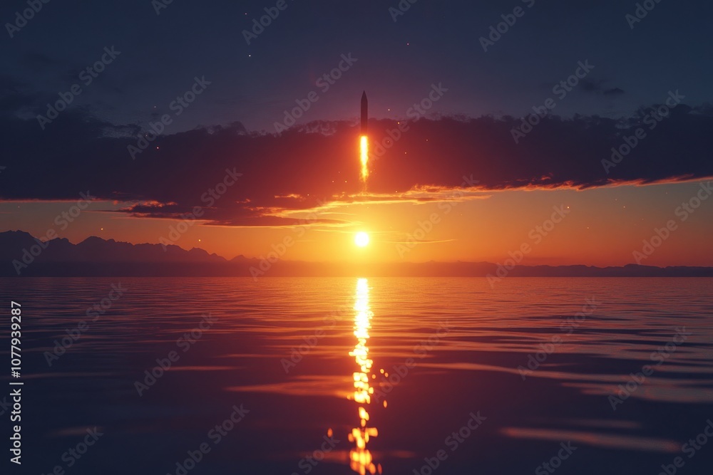 Fototapeta premium Rocket Launch at Sunset Over a Calm Sea