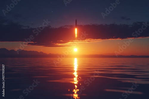 Rocket Launch at Sunset Over a Calm Sea