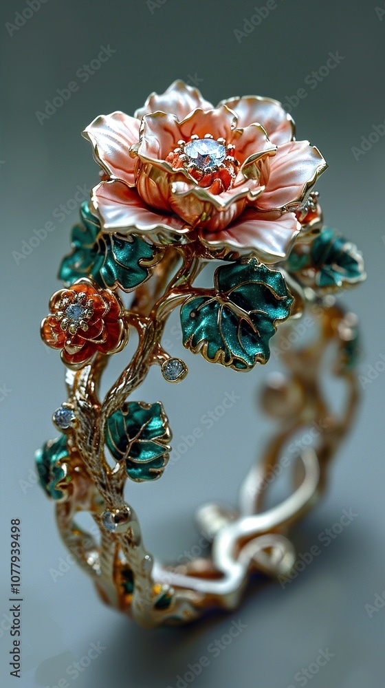 Fototapeta premium Floral Diamond Ring with Green Leaves and Gold Setting - Exquisite Jewelry Design