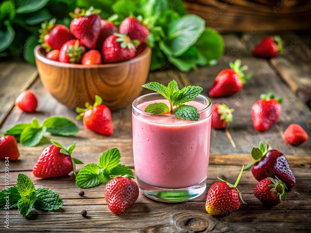 Close-Up of a Refreshing Pink Strawberry and Mint Smoothie on a Wooden Table Surrounded by Fresh Ingredients, Evoking a Summer Vibe and Healthy Living Aesthetic for Fashion Photography Close-Up of a Refreshing Pink Strawberry and Mint Smoothie on a Wooden Table Surrounded by Fresh Ingredients, Evoking a Summer Vibe and Healthy Living Aesthetic for Fashion Photography