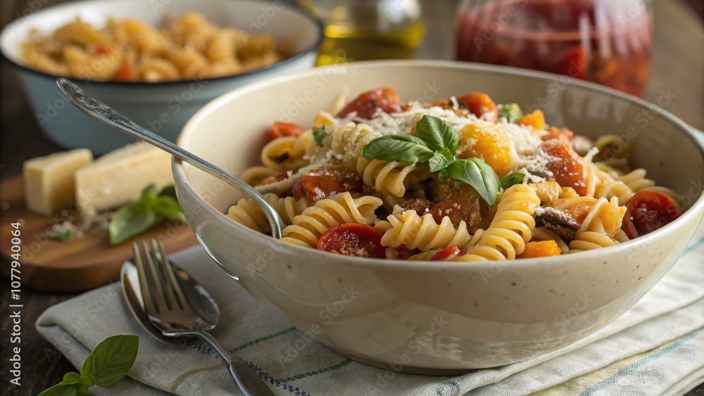 Closeup of Delicious Pasta in a Bowl with Tilt-Shift Photography Effect, Highlighting Texture and Colors, Perfect for Food Lovers and Culinary Enthusiasts Closeup of Delicious Pasta in a Bowl with Tilt-Shift Photography Effect, Highlighting Texture and Colors, Perfect for Food Lovers and Culinary Enthusiasts
