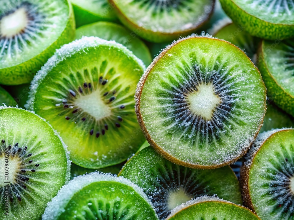 Close-up of Frozen Kiwi Slices Showcasing Their Vibrant Green Color and Juicy Texture Perfect for Smoothies, Desserts, and Salads in Low Light Photography Close-up of Frozen Kiwi Slices Showcasing Their Vibrant Green Color and Juicy Texture Perfect for Smoothies, Desserts, and Salads in Low Light Photography