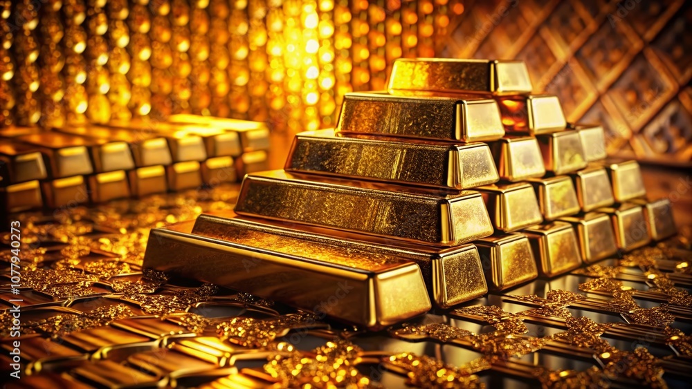 Close-Up of Gold Bars in a Surreal Business Environment: A Textured Background Emphasizing Wealth and Finance Concepts with a Dreamlike Quality Close-Up of Gold Bars in a Surreal Business Environment: A Textured Background Emphasizing Wealth and Finance Concepts with a Dreamlike Quality