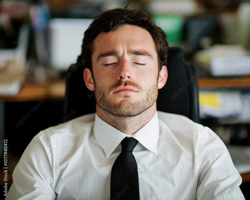 Workload on the computer led to burnout at the desk concept. A burnout office worker in a tie and shirt sits with eyes closed in exhaustion. Workload on the computer led to burnout at the desk concept. A burnout office worker in a tie and shirt sits with eyes closed in exhaustion.
