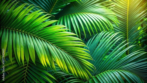 Closeup of Lush Green Palm Leaves Showing Natural Texture and Pattern, Perfect for Tropical Themes and Backgrounds with Ample Copy Space for Creative Use