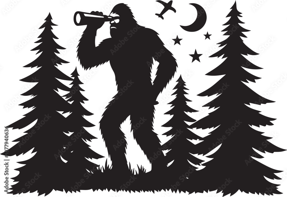 Fototapeta premium Bigfoot silhouette with binoculars peeking through trees