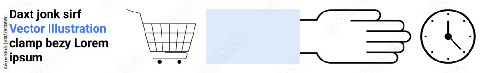 Shopping cart, hand, and clock icons in a minimalist style. Ideal for e-commerce, time management, efficiency, online shopping, and retail themes. Banner for landing page Shopping cart, hand, and clock icons in a minimalist style. Ideal for e-commerce, time management, efficiency, online shopping, and retail themes. Banner for landing page