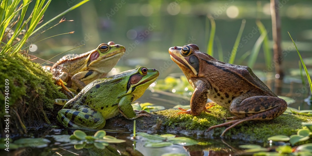Close-Up of Three Singing Frogs in a Lush Wetland, Capturing Nature's Harmony and Beauty in Vibrant Macro Photography with Detailed Textures and Rich Colors Close-Up of Three Singing Frogs in a Lush Wetland, Capturing Nature's Harmony and Beauty in Vibrant Macro Photography with Detailed Textures and Rich Colors
