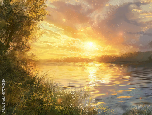 The sun setting over a peaceful river, casting warm light across the water and illuminating the landscape. photo