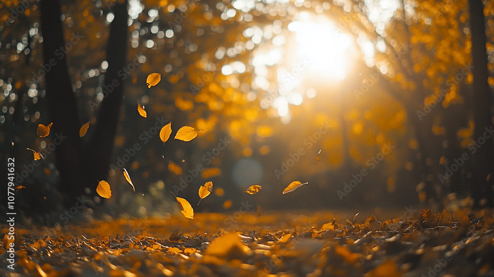 Fototapeta premium Golden autumn leaves falling as the sun sets through trees in a tranquil forest path
