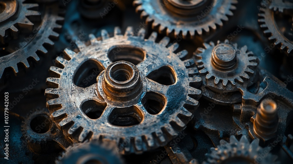 Close-up of a group of rusty metal gears interlocked together. Close-up of a group of rusty metal gears interlocked together.