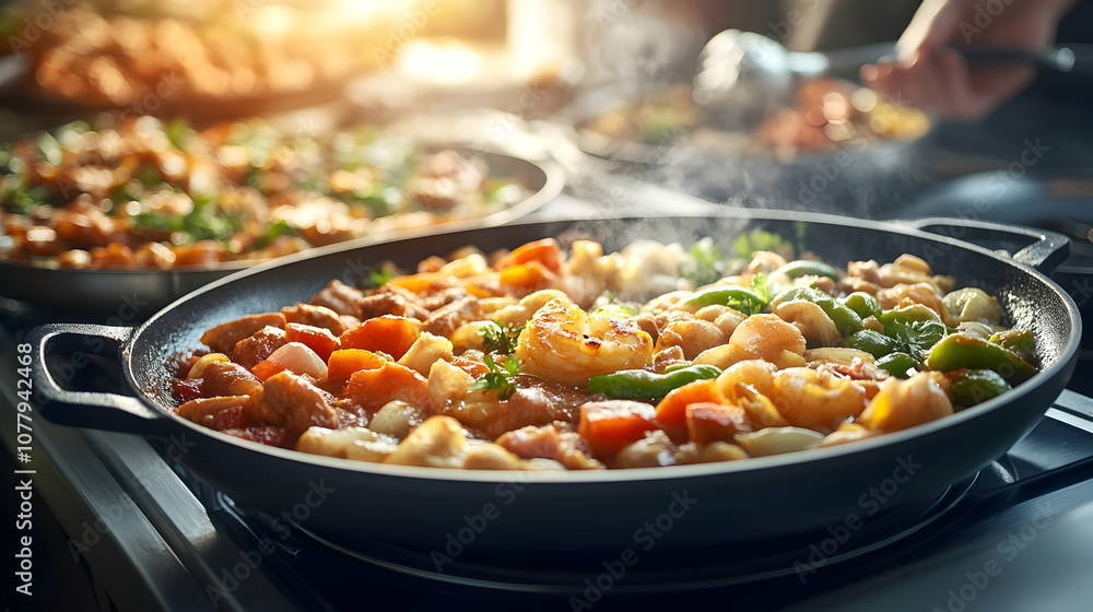 Steaming Pan of Delicious Food - Realistic Image Steaming Pan of Delicious Food - Realistic Image