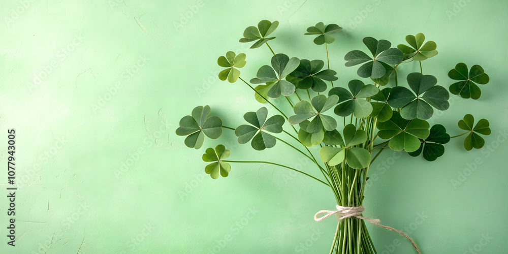 Fototapeta premium Fresh bouquet of shamrocks tied with a ribbon against a green background for St. Patrick's Day, copy space 