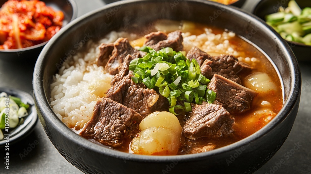 63.A bowl of Korean Galbi gukbap, filled with rice, tender beef ribs, and a rich, golden broth. The soup is steaming, and the garnish of green onions adds a fresh, vibrant touch. Surrounding the dish 63.A bowl of Korean Galbi gukbap, filled with rice, tender beef ribs, and a rich, golden broth. The soup is steaming, and the garnish of green onions adds a fresh, vibrant touch. Surrounding the dish