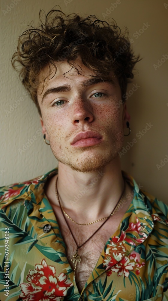 Close-up Portrait of a Handsome Young Man with Curly Hair and Freckles Close-up Portrait of a Handsome Young Man with Curly Hair and Freckles